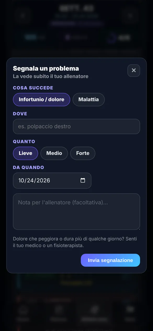 Modulo Segnala un problema nell'area atleta