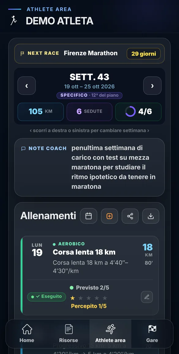 Area atleta RunLab sul telefono: prossima gara, settimana di allenamento e note del coach